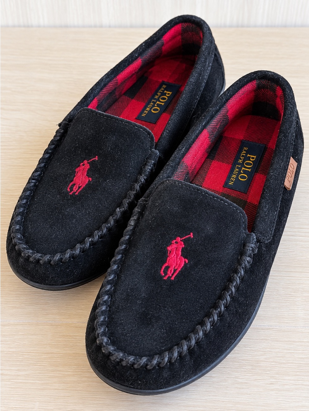 Polo Ralph Lauren Men’s Black Suede Moccasin Slippers Red Plaid Size 10